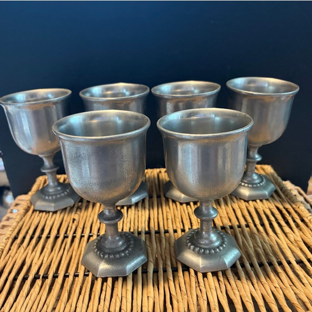 Vintage Liberty Craft India Pewter Goblets Set of 6 Octagon Base 6.5"